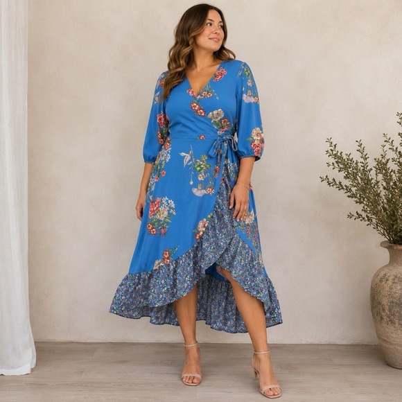 The Unbranded Brand Dresses & Skirts - Wrap High Low Floral Dress Size L Blue Ruffled Romantic Cottage Feminine